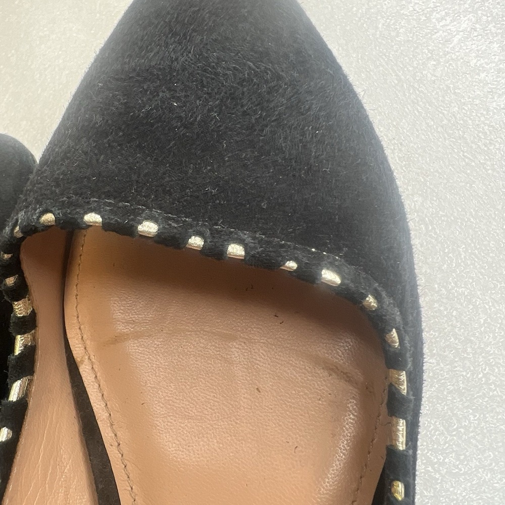 Belle Sigerson Morrison Black suede Flat Ballerina ANKLE Strap Gold Trim Sz 10 - Picture 7 of 13